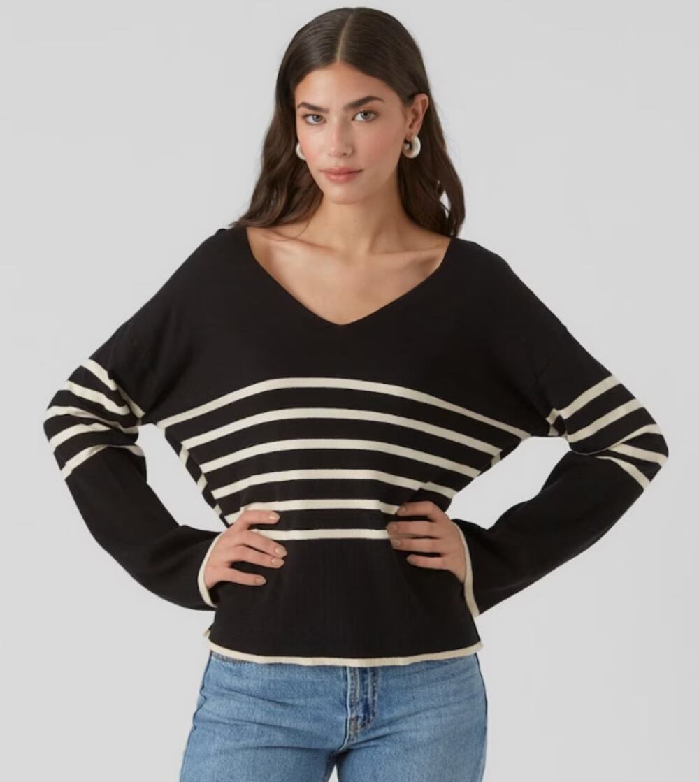 Vero Moda Happiness Black Cream Striped Fine Knit Pullover Sweater Women XLarge
